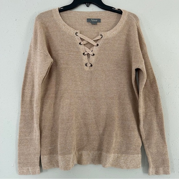 Natural Reflections Tan Long Sleeve Blouse Lace Up Casual Neutral Large - Picture 1 of 6